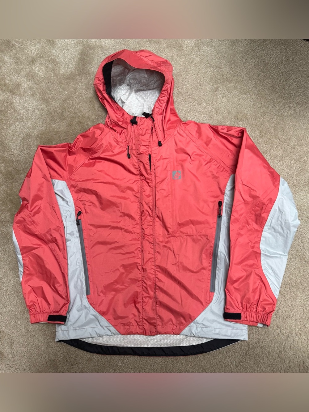 Women's Sz S Red Ledge Coral and Light Gray Hooded Raincoat
